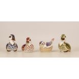 Royal Crown Derby paperweights Swimming Duck, Blue Duck, Green Duck and Goldcrest, gold stopper (4)
