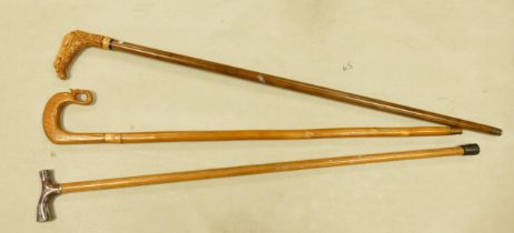 Three Walking Sticks to include one with Agate Style Handle, Dog Handled Stick and one with Copper