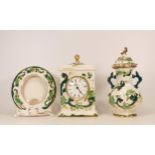 Three Masons Chartreuse items to include Mantle Clock, Lidded Vase and Photo Frame (3)