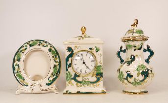 Three Masons Chartreuse items to include Mantle Clock, Lidded Vase and Photo Frame (3)