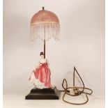 Royal Doulton lady figure with pink dress and bonnet on wooden base and pink shade