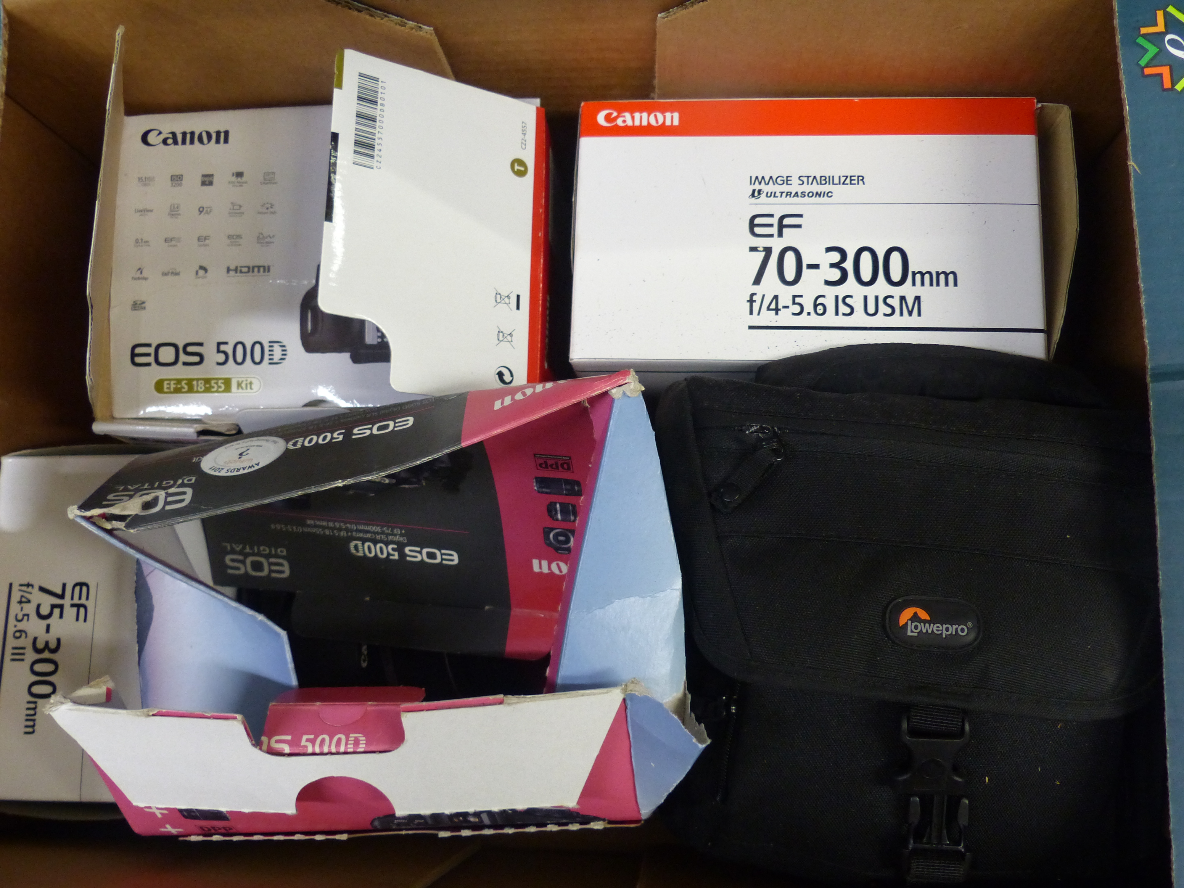 Canon EOS 500D camera with lens together with charging kit, 75-300 f/4-5.6III lens (boxed), 70-300mm