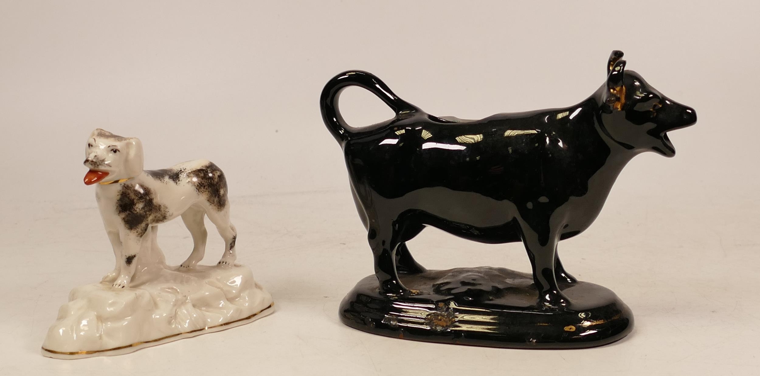 A Jackfield Cow Creamer together with a Samson Porcelain Dog Figure. (2)