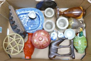 A Mixed Collection of Oriental Items to include Cairoware Vase, Australian Wood Footed Vase,