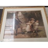 A collection of 5 framed prints/artworks to include an antique print of a boy and rabbit, size of