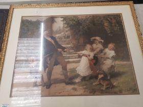 A collection of 5 framed prints/artworks to include an antique print of a boy and rabbit, size of