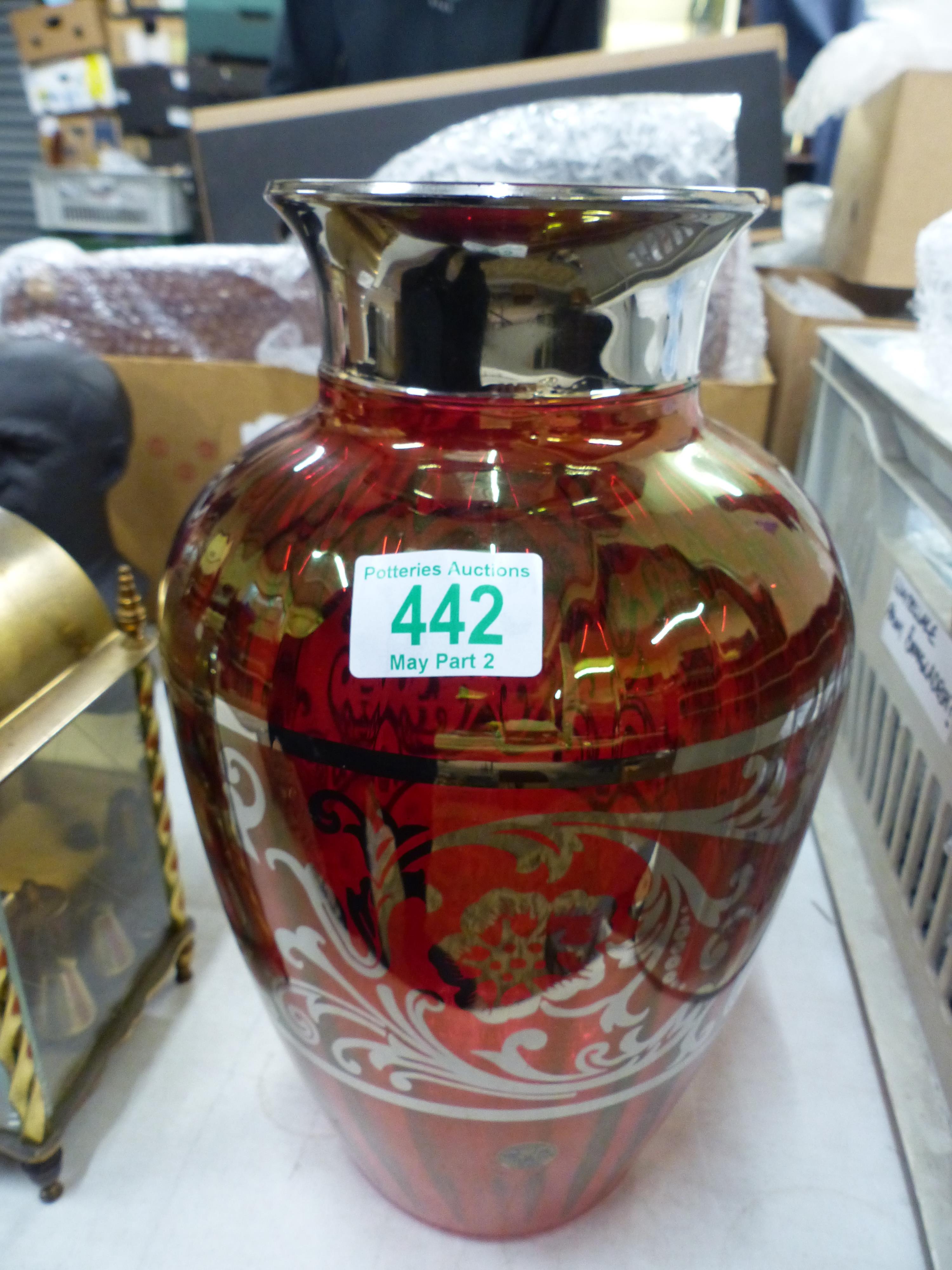 Timon Italy Cranberry Glass Lustre Vase. Height: 32cm