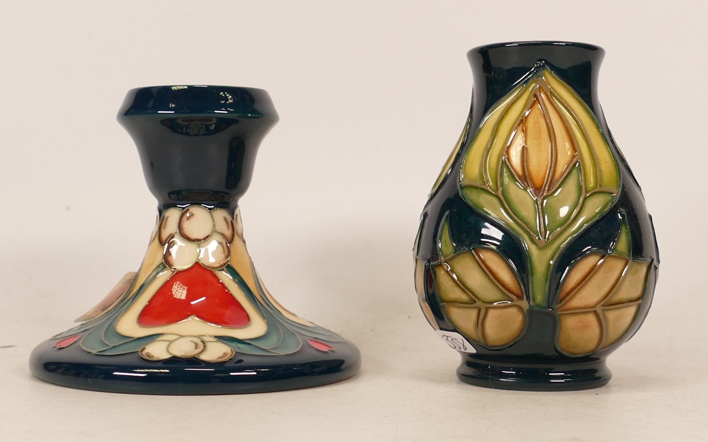 Moorcroft candlestick in the Winter Legacy pattern, trial piece 24/9/2012 together floral