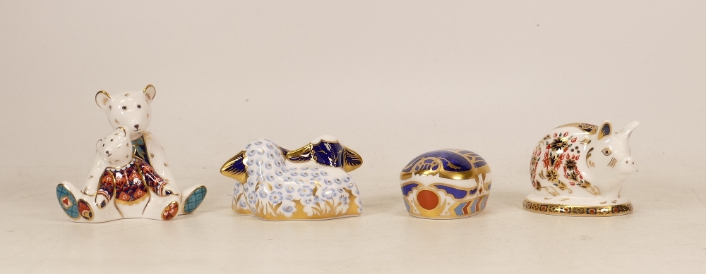 Royal Crown Derby paperweights Millennium Bug, Piglet, Mum and Charlotte (no stopper) and a Pair