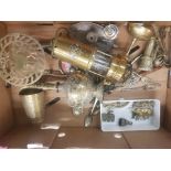 A mixed collection of metalware items to include a Welsh brass miner's lamp, Indian brass items,