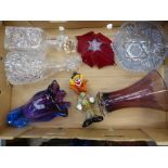 A collection of glass and crystal items to include two crystal decanters, art glass vase,