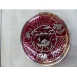 A Cranberry Glass Large Shallow Bowl with Silver Overlay. Diameter: 34.5cm