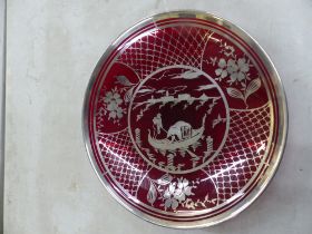 A Cranberry Glass Large Shallow Bowl with Silver Overlay. Diameter: 34.5cm