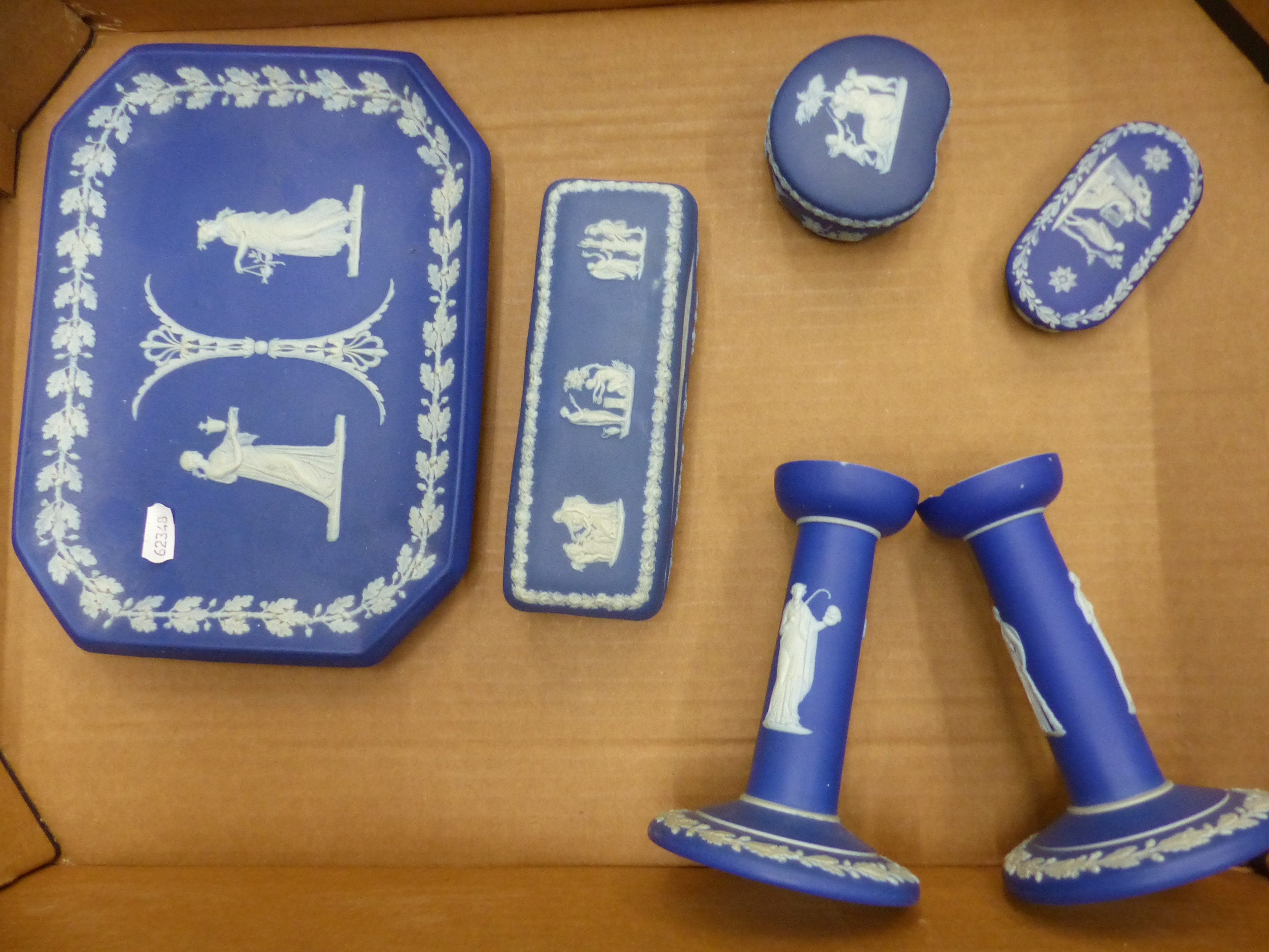 Wedgwood blue dip jasperware ladies dressing table items to include tray, pair of candle stick