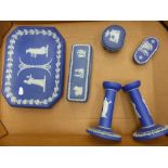 Wedgwood blue dip jasperware ladies dressing table items to include tray, pair of candle stick