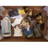 A mixed collection of religious items to include a brass Thurible, resin religious figures and a