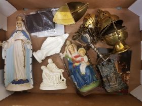 A mixed collection of religious items to include a brass Thurible, resin religious figures and a