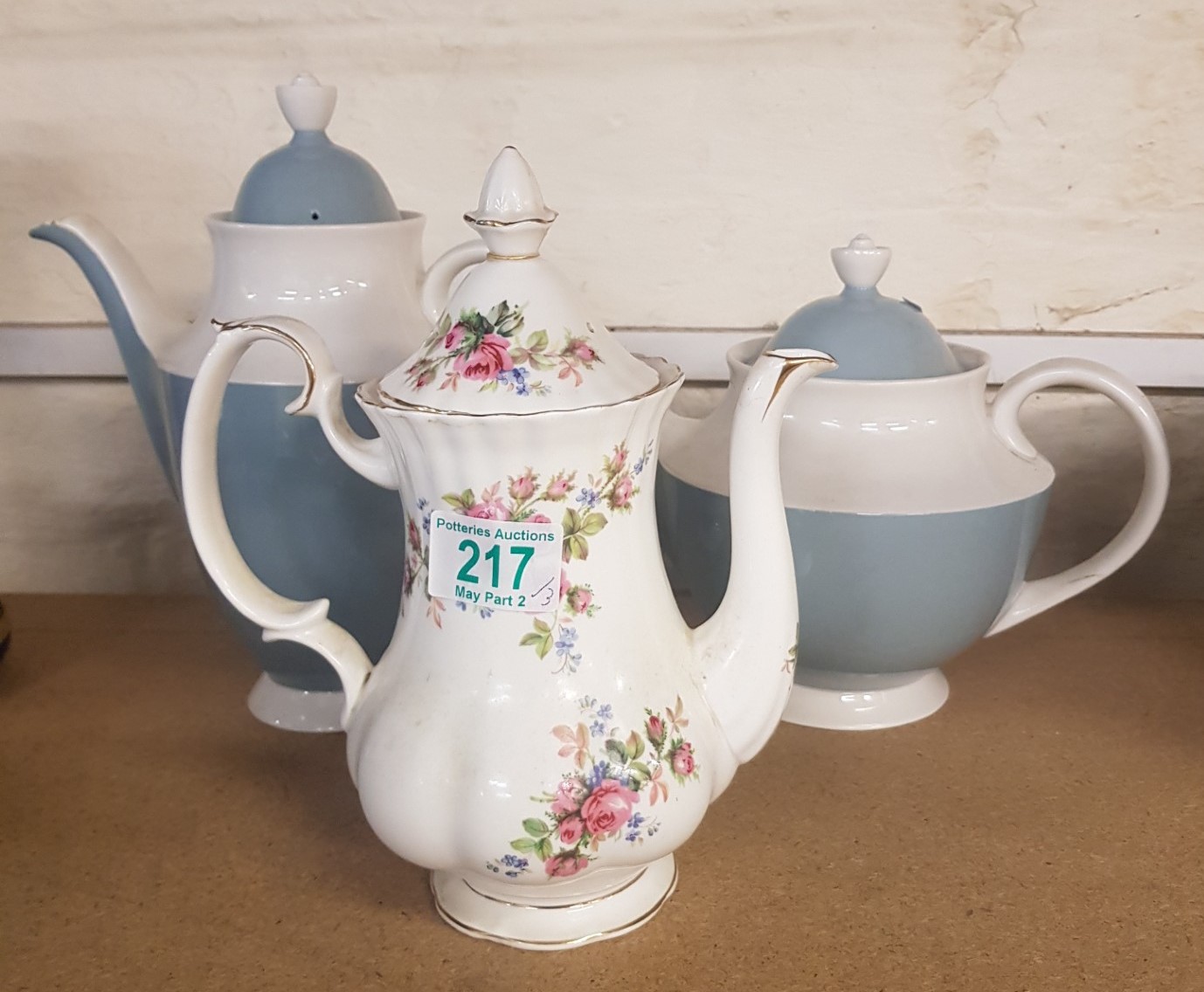 Royal Albert Moss Rose Teapot together with Unmarked Teapot and Coffee Pot (3)