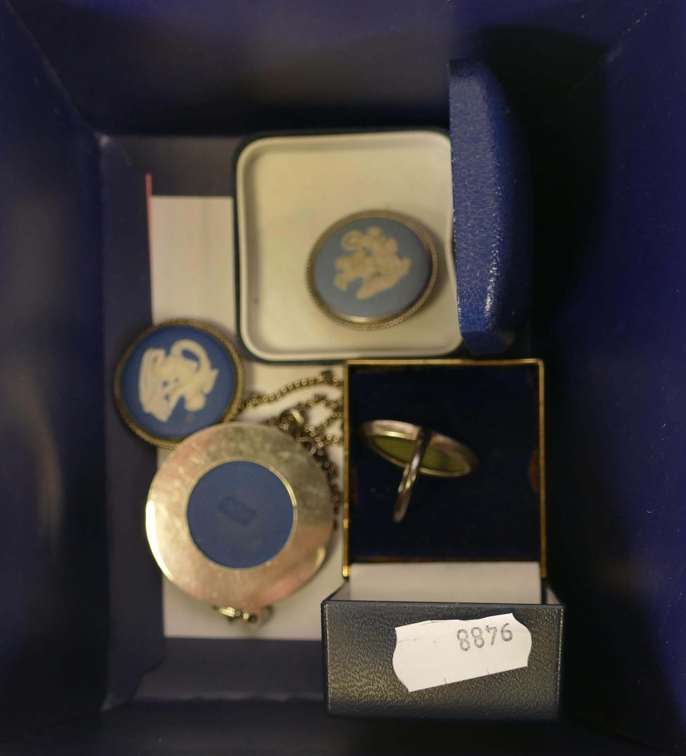 A Small Collection of Wedgwood Jasperware Jewellery to include Brooches, Ring, Pendant Necklace etc.