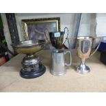 Four Silverplated Engraved Items to include three Sporting Trophies ande one Tankard. Height of