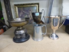 Four Silverplated Engraved Items to include three Sporting Trophies ande one Tankard. Height of