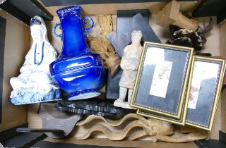 A Mixed Collection of Mostly Oriental Items to include Stands, Guanyin Figure, Framed Prints,