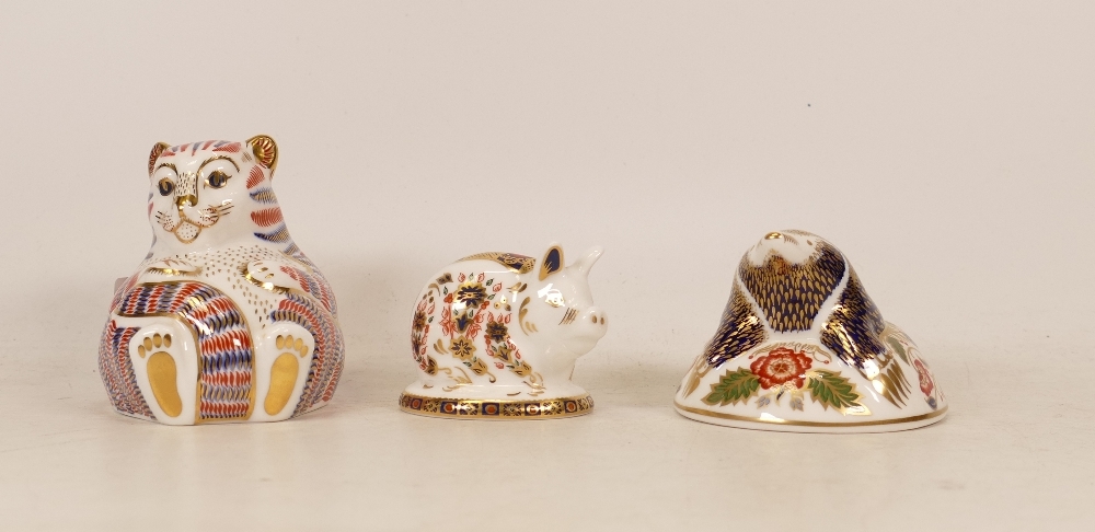 Royal Crown Derby Paperweights Tiger Cub, Mole and Imari Pig, gold stopper (3)