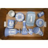 Wedgwood Jasperware to include tankard, vases, Queenswares butter dish, lidded pots (one lid a/f),