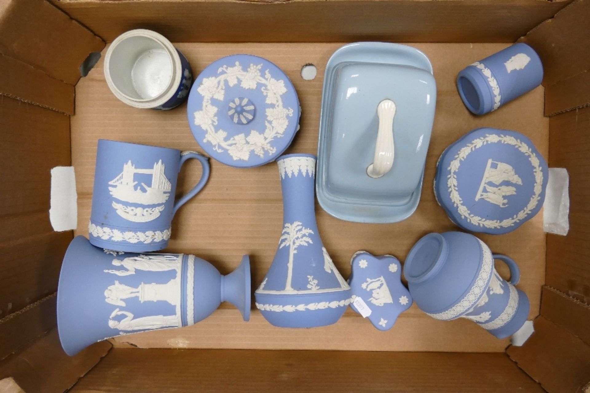 Wedgwood Jasperware to include tankard, vases, Queenswares butter dish, lidded pots (one lid a/f),