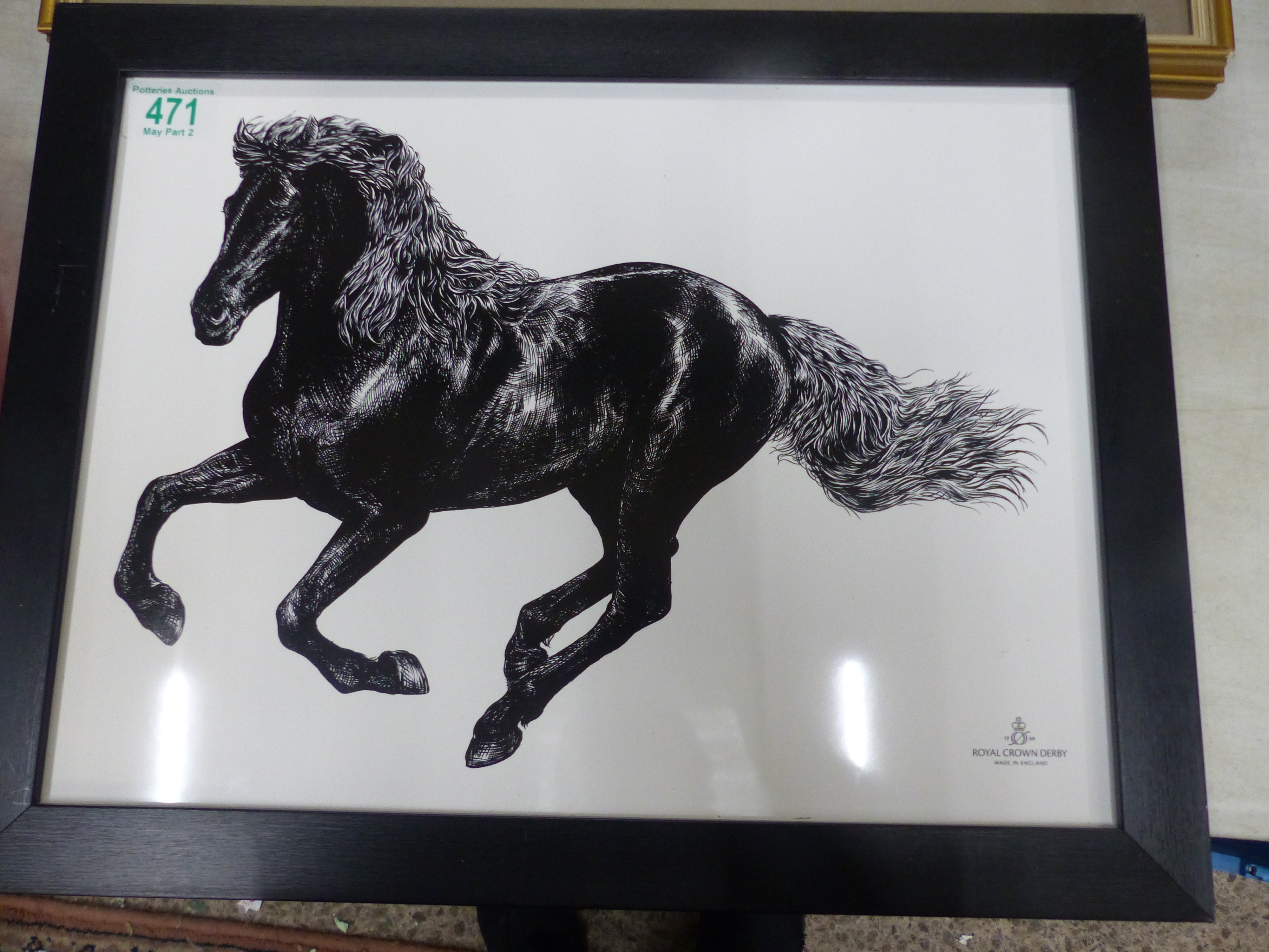 Royal Crown Derby Equus Plaque in Modern Black Frame Height: 35cm Width: 45cm