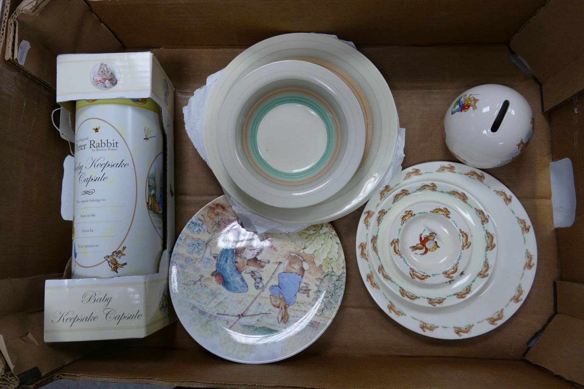 A mixed collection of items to include Wedgwood Beatrix Potter wall plate, Bunnykins plates,