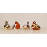 Royal Crown Derby paperweights Blue Tit, Chaffinch, Robin and Wren, gold stopper (4)