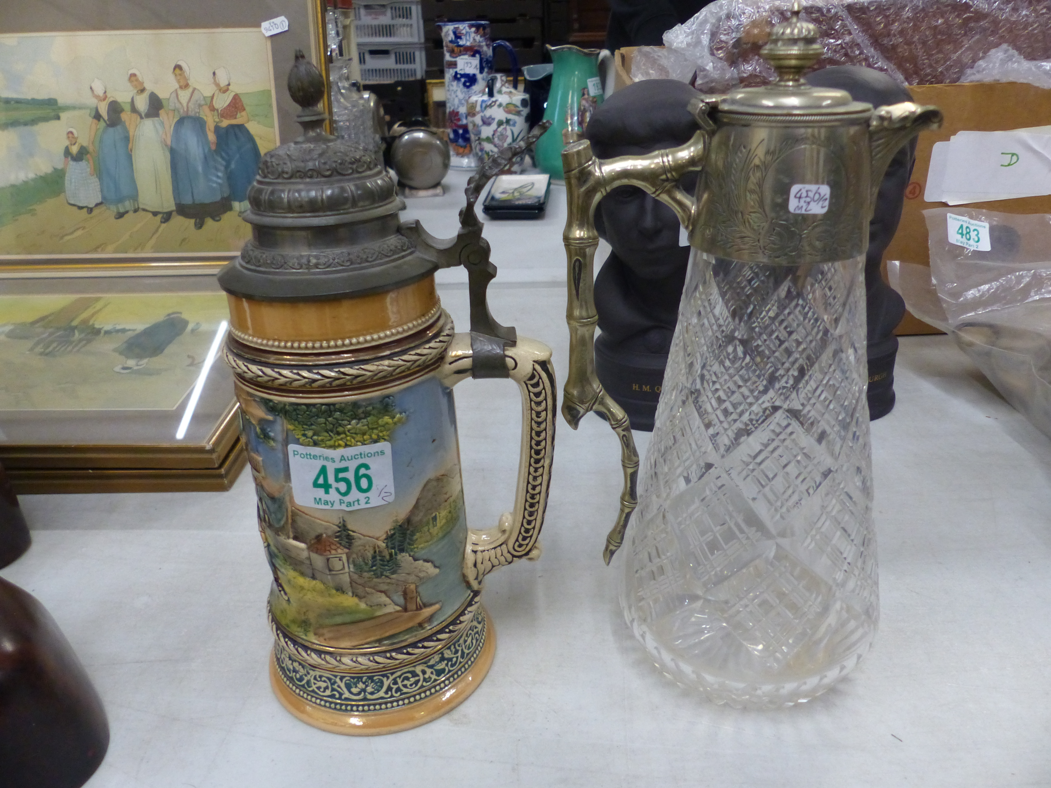 Two Jugs to include on Crystal Claret Jug with Silver Plated Lid and Bamboo Handle together with