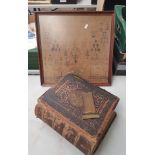 Distressed Illustrated Family Bible together with a framed 1830s sampler and a copper kettle (3).