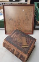 Distressed Illustrated Family Bible together with a framed 1830s sampler and a copper kettle (3).