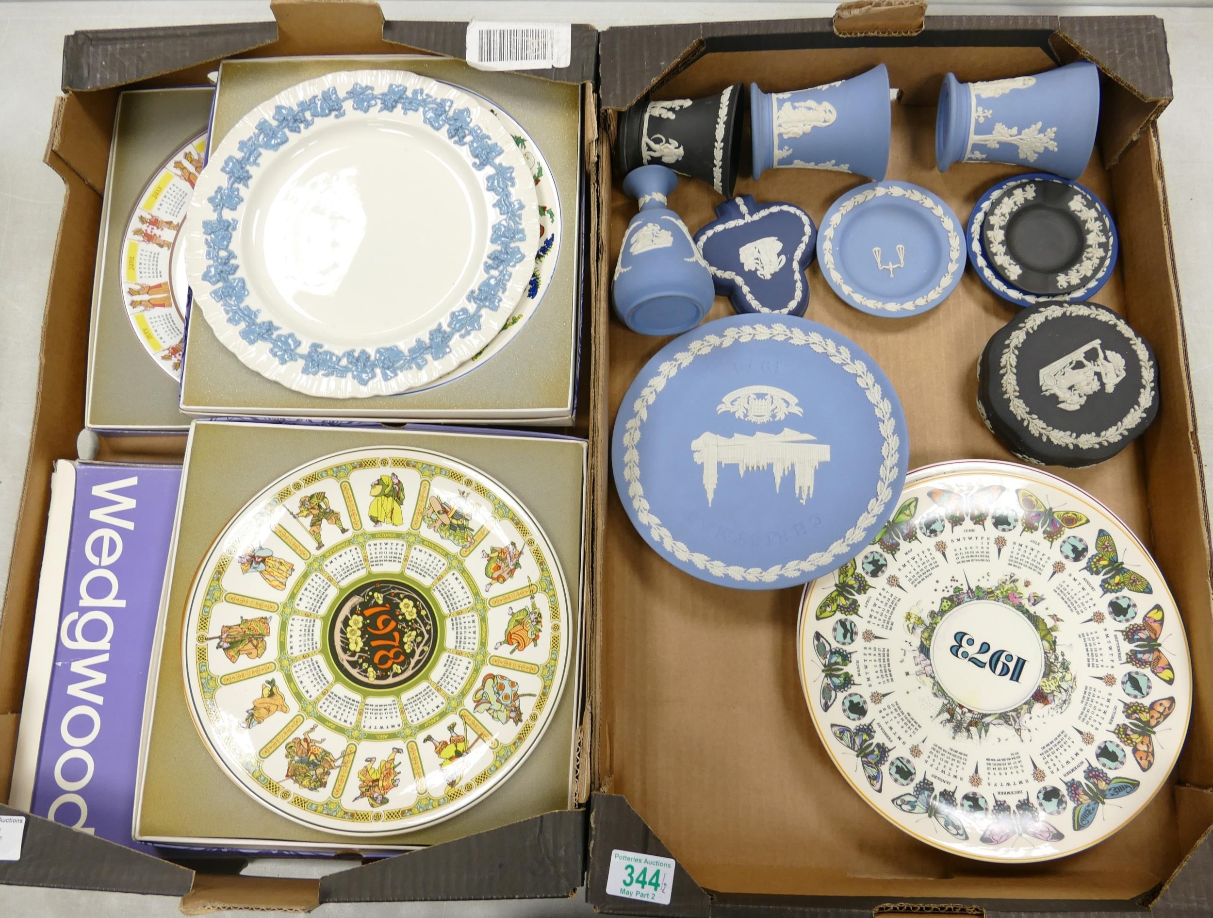 A collection of Wedgwood in to include Calendar plates, jasper ware vases, pin dishes, lidded boxes,