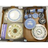 A collection of Wedgwood in to include Calendar plates, jasper ware vases, pin dishes, lidded boxes,