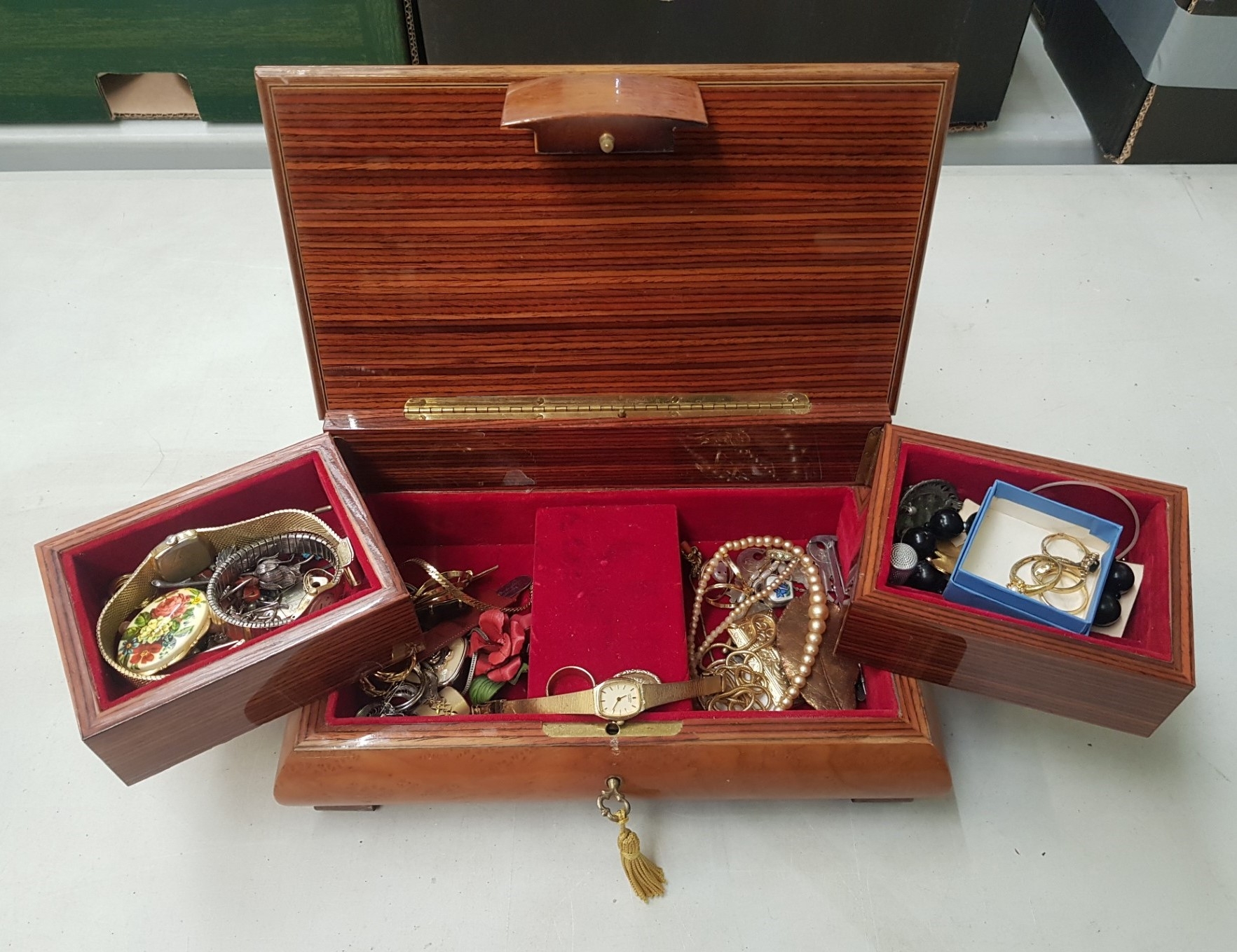 Italian inlaid wooden musical jewellery box and contents to include watches, costume jewellery, - Image 2 of 2
