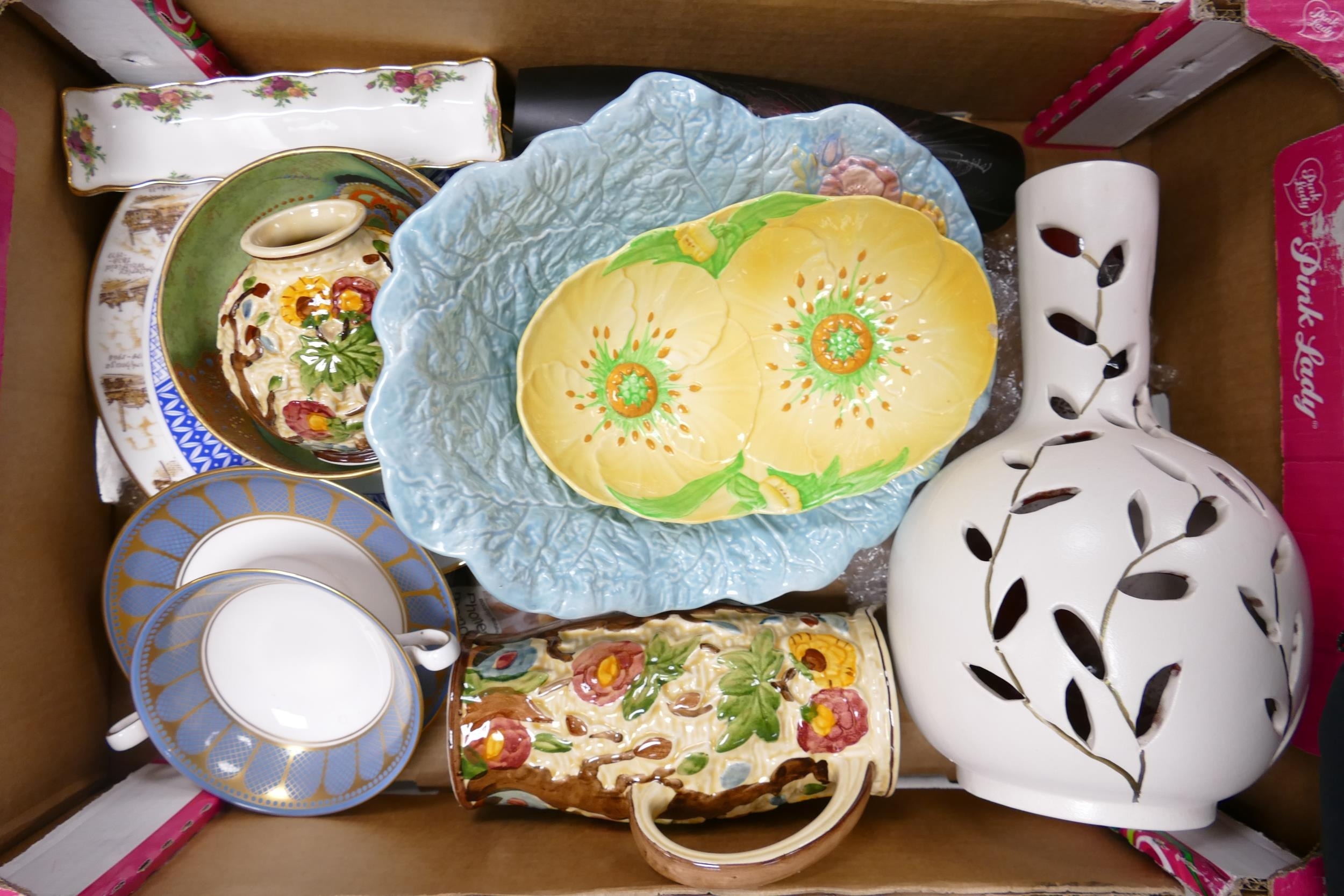 A Mixed Collection of Ceramic Items to include Carltonware Bell Pattern Bowl (restored), Art Glass