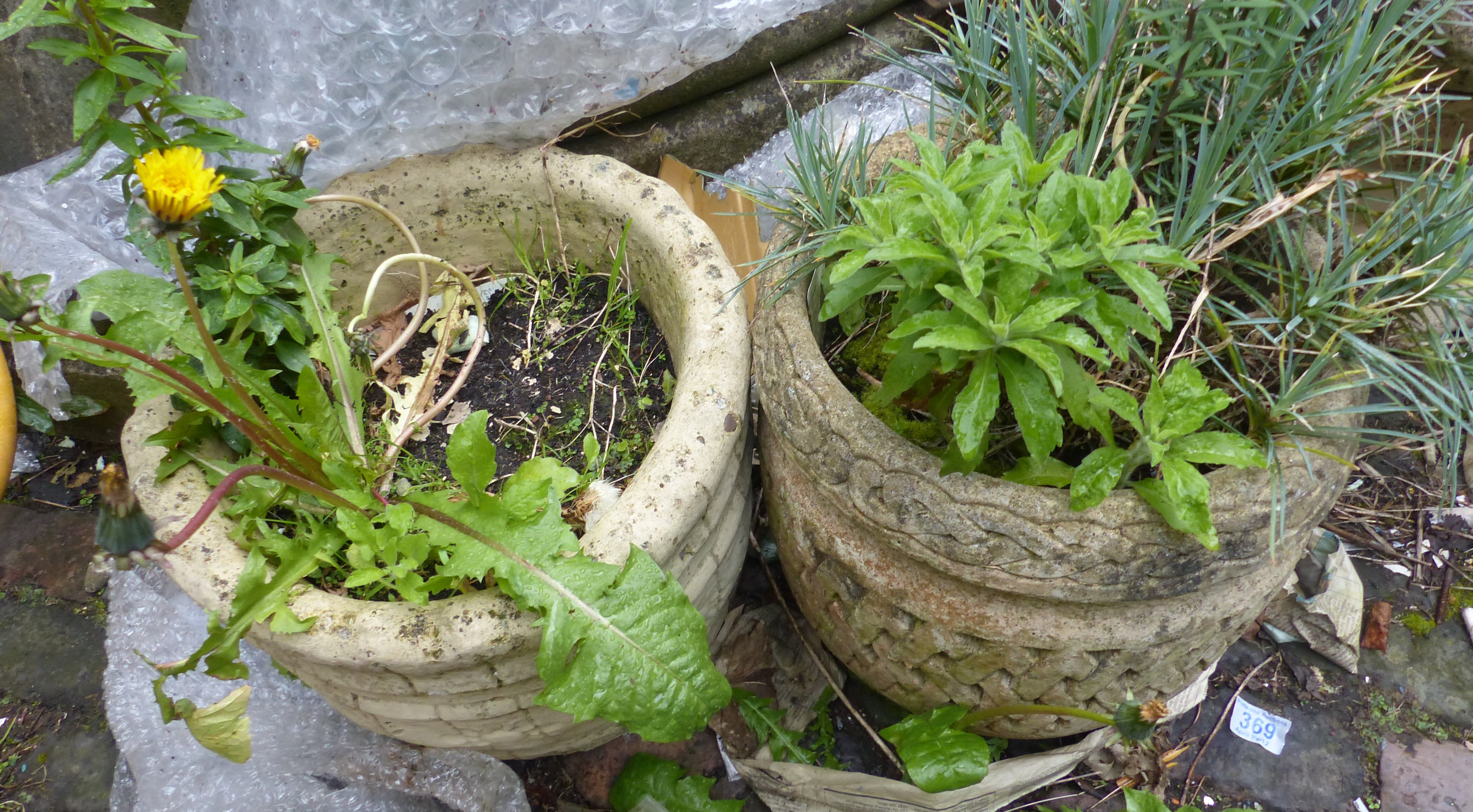 A collection of 5 different shaped outdoor garden stone planters