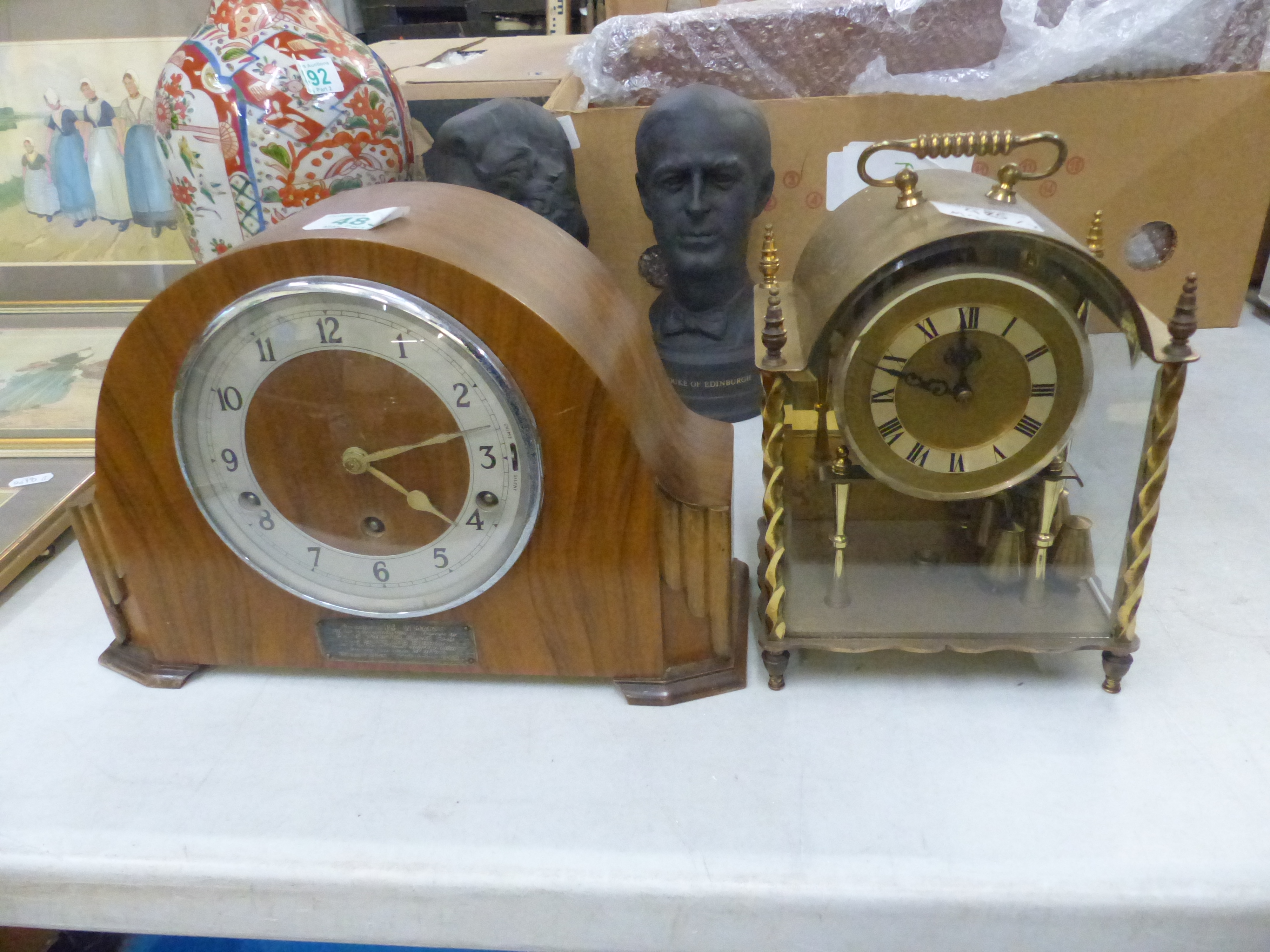 Two Clocks to include 1940's Mantle Clock with Long Term Service Plaque and Brass Decorative