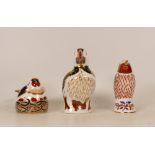 Royal Crown Derby Paperweights Puffin, Hummingbird and a Nesting Goldfinch, gold stopper (3)