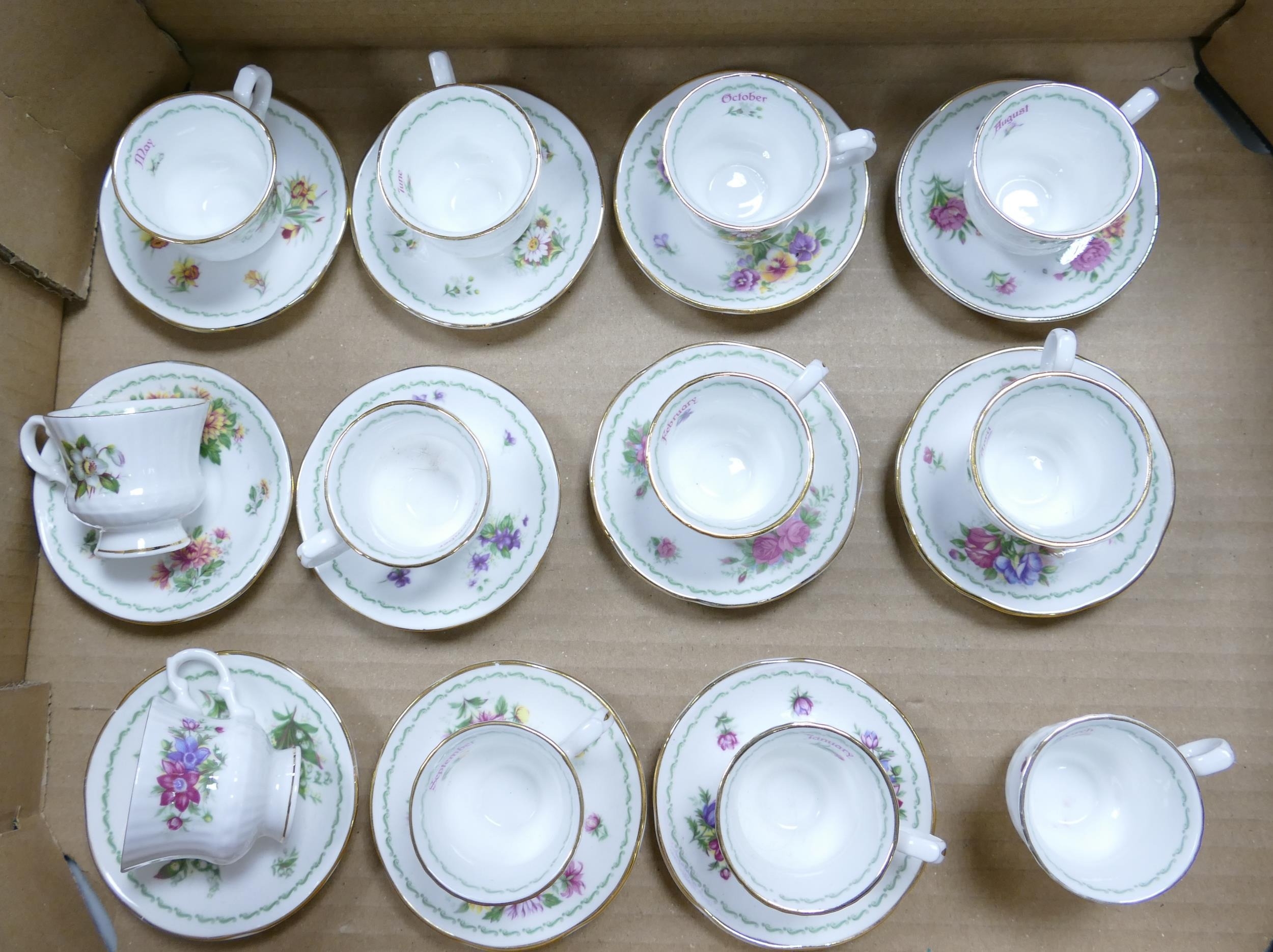 Queens China, A Miniature Set of Twelve Teacups representing the Months of the Year. One Saucer