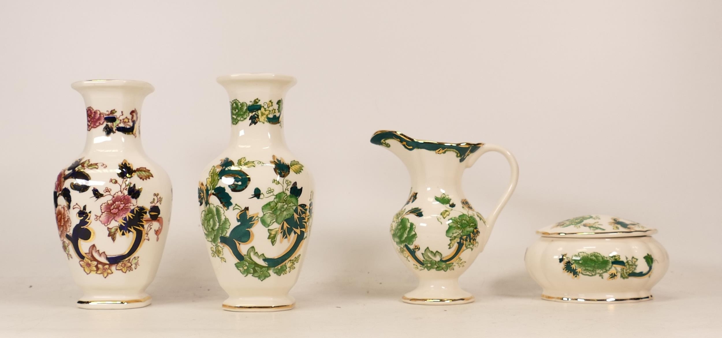 Four Small Masons items to include small Chartreuse Vase, Jug and Lidded Box together with a