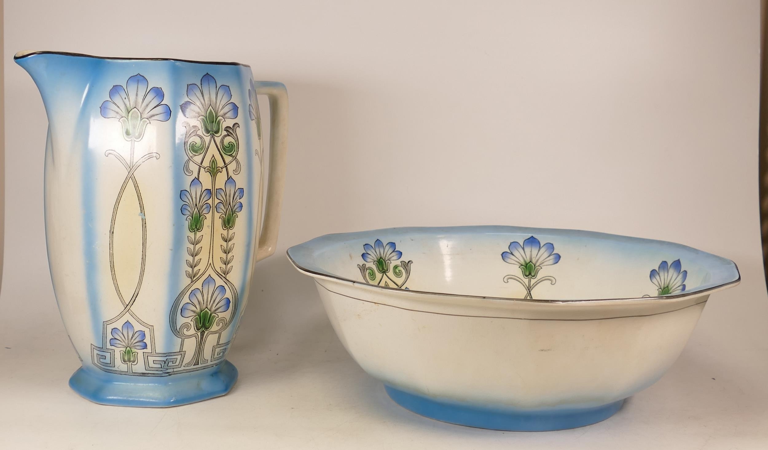 Large wash bowl and jug in the Art Nouveau design. Height of jug 28cm