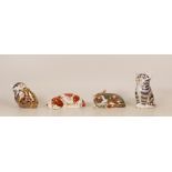 Royal Crown Derby Paperweights Playful Cat, Catnip Kitten, Puppy and Seated Kitten, boxed, gold