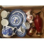 A mixed collection of ceramic items to include Crown Devon 'Rouge Royale' type vases, Sadler blue
