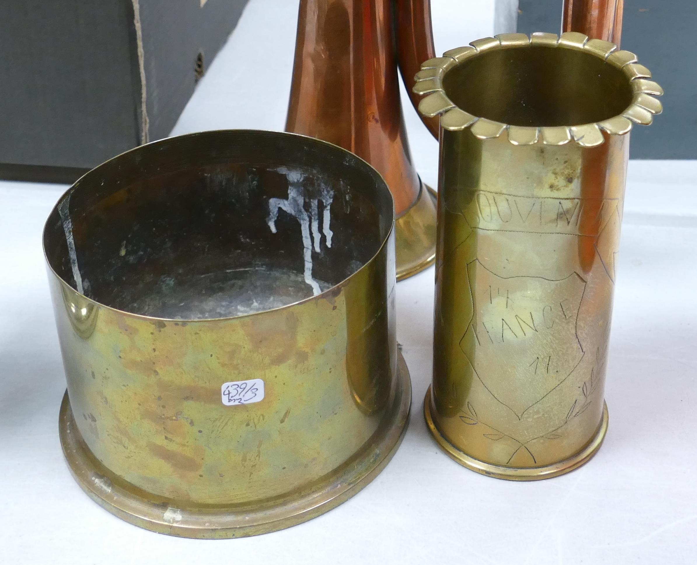 Military Bugle together with two WW1 Trench Art Items. Height of Vase: 14cm (3)