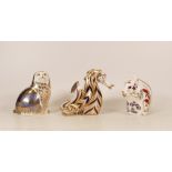 Royal Crown Derby Paperweights King Charles Spaniel, Seahorse and Squirrel, gold stopper (3)
