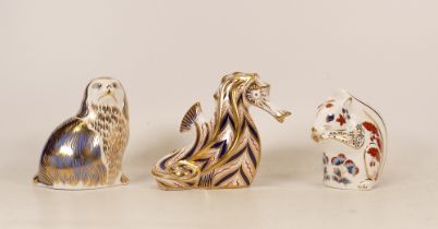 Royal Crown Derby Paperweights King Charles Spaniel, Seahorse and Squirrel, gold stopper (3)